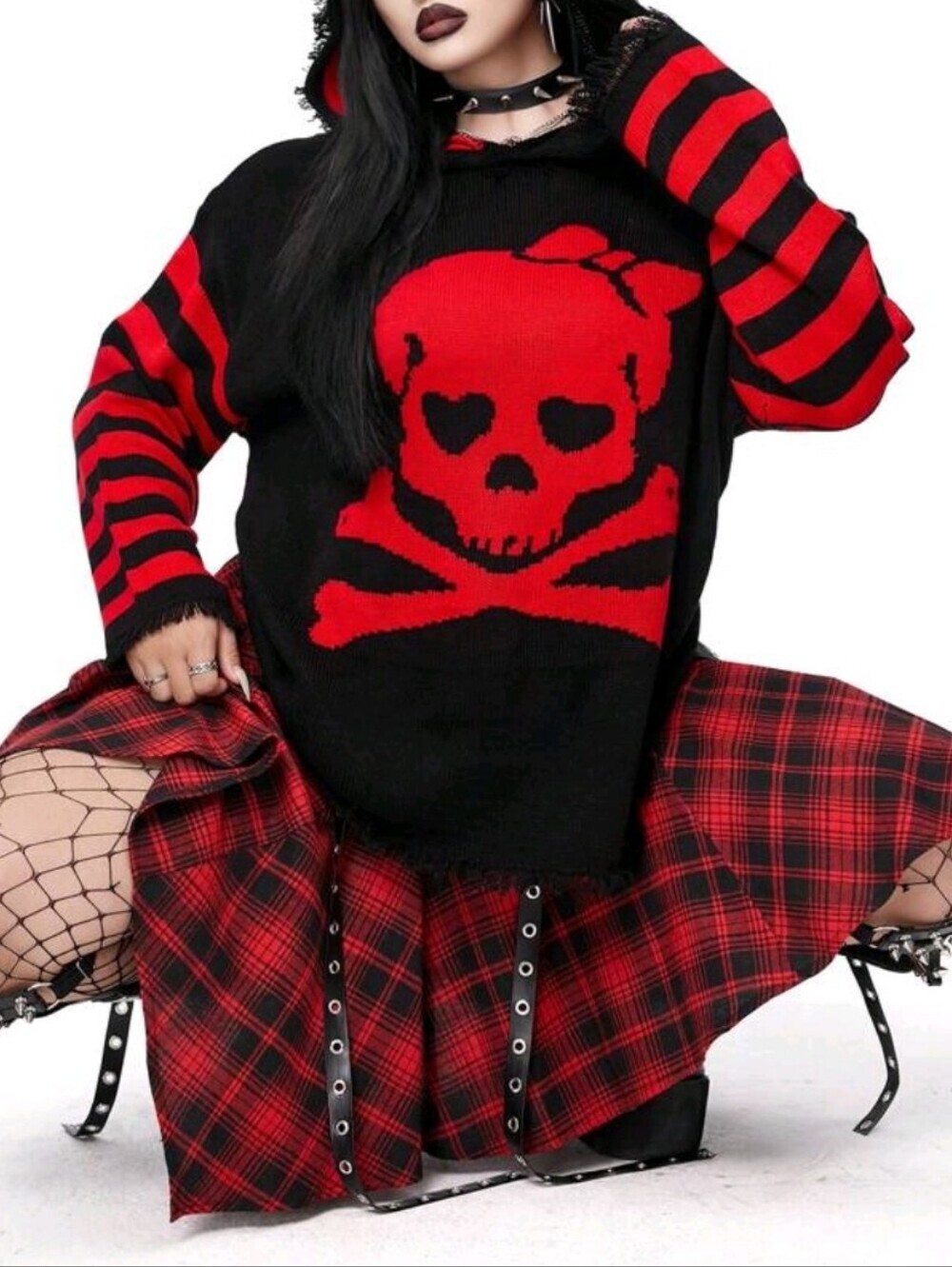 Gothic Red & Black Skull Hoodie Sweater